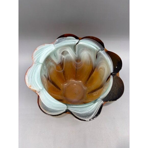 Vtg Vitrocolor Recycled  Glass Candle Holder Scalloped Multicolor Swirl - Picture 2 of 7